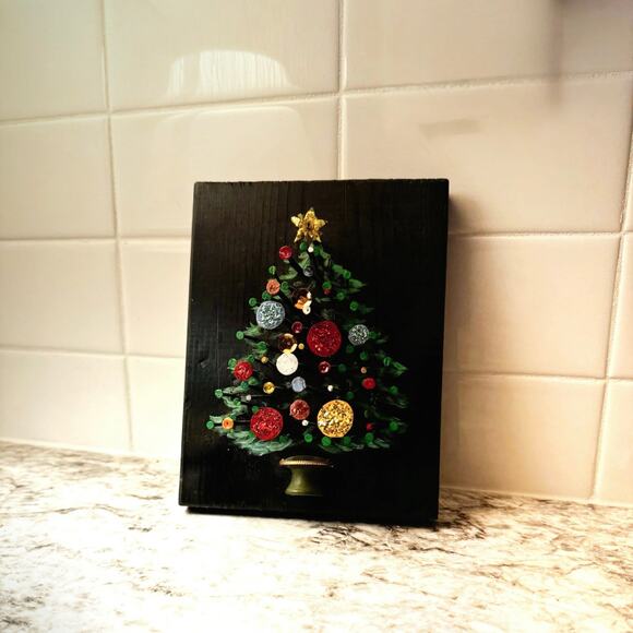 Vintage Handmade Nail Art Christmas Tree Plaque | Mixed Media Wood Decor - Picture 8 of 11